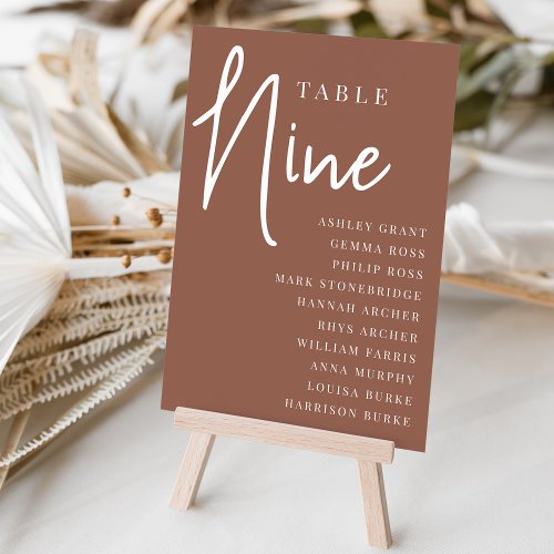 Rust Hand Scripted Table NINE  Guest Names Table Number