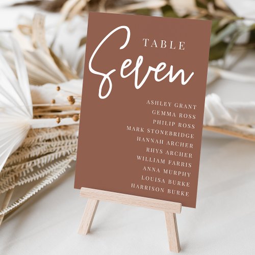 Rust Hand Scripted Table SEVEN  Guest Names Table Number