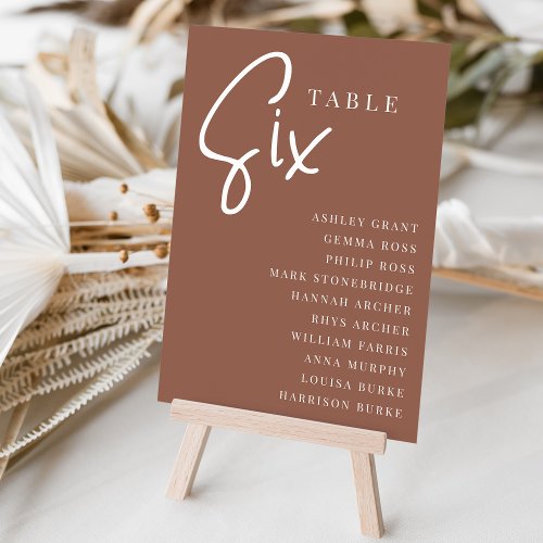 Rust Hand Scripted Table SIX  Guest Names Table Number