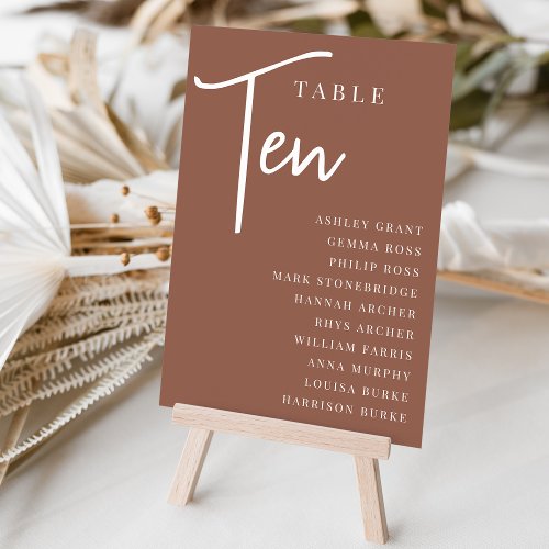 Rust Hand Scripted Table TEN  Guest Names Table Number