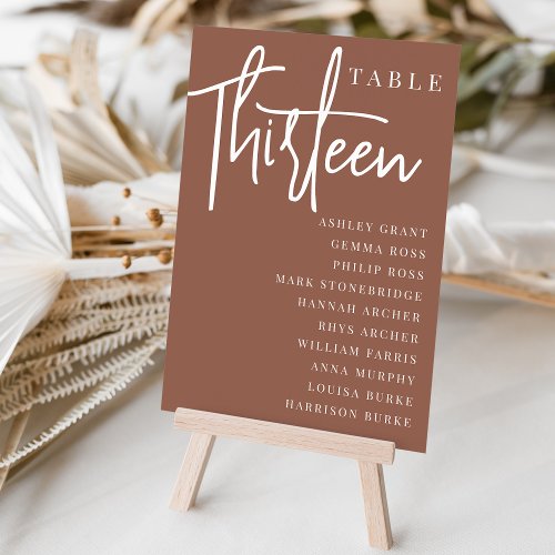 Rust Hand Scripted Table THIRTEEN  Guest Names Table Number