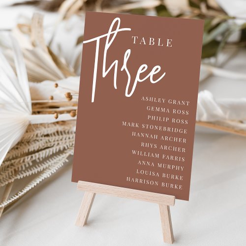 Rust Hand Scripted Table THREE  Guest Names Table Number
