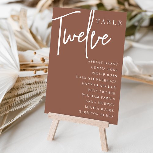 Rust Hand Scripted Table TWELVE  Guest Names Table Number