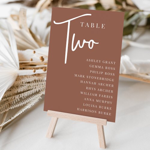 Rust Hand Scripted Table TWO  Guest Names Table Number