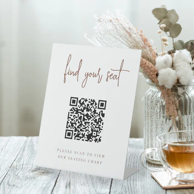 Rust | Handwritten Script QR Code Wedding Seating Pedestal Sign | Zazzle
