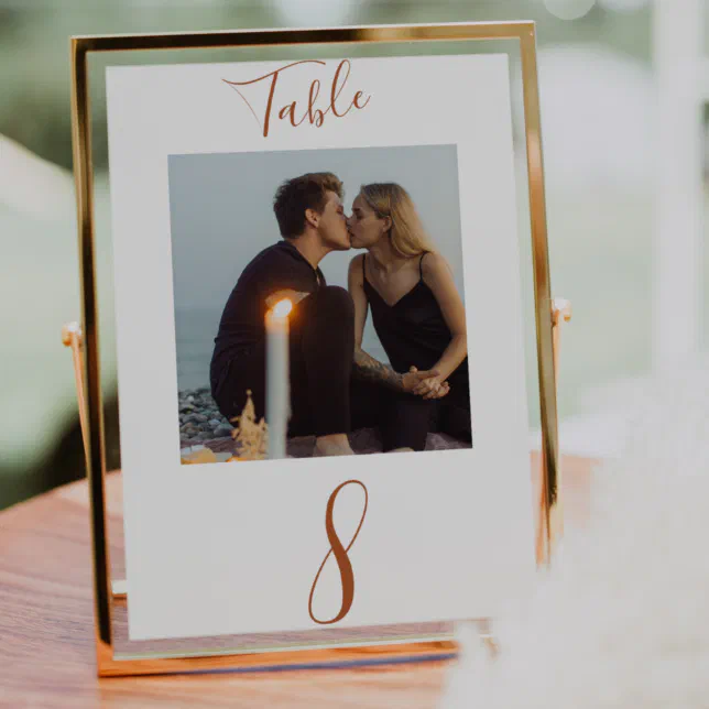 Rust Handwritten Script Wedding Photo Table Number | Zazzle