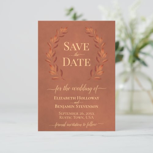 Rust Laurel Leaves Elegant Terracotta Wedding Save The Date