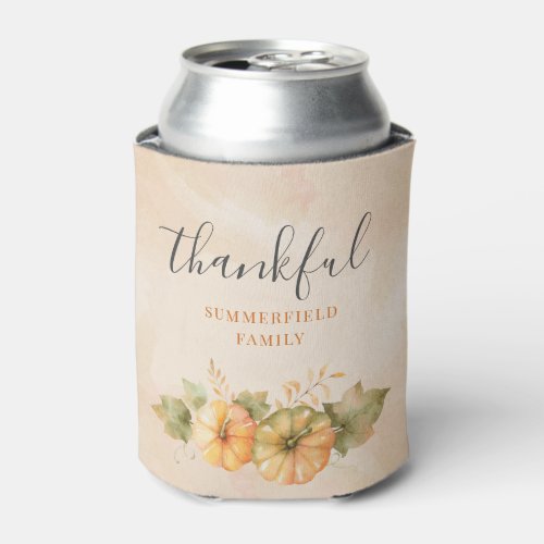 Rust Leaves Pumpkin Thankful Family Thanksgiving Can Cooler