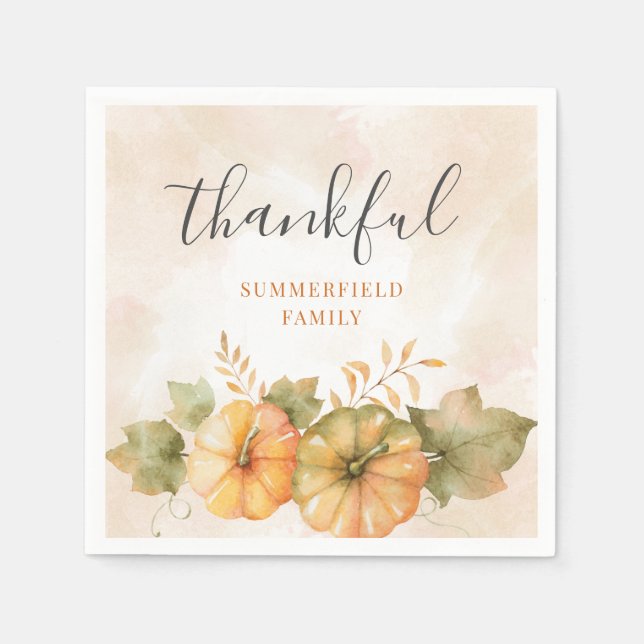 Rust Leaves Pumpkin Thankful Family Thanksgiving Napkins (Front)
