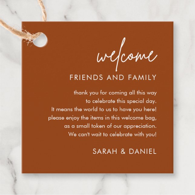 Rust Minimalist Wedding Welcome Gift Bag Basket Favor Tags (Front)