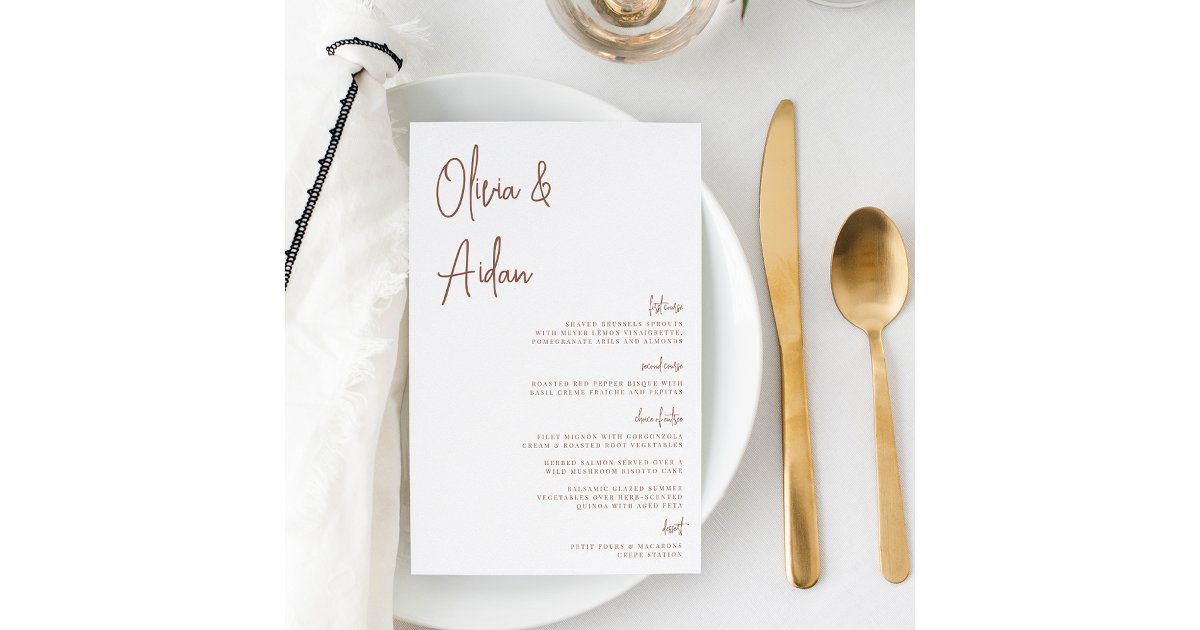 Rust | Modern Handwritten Script Wedding Menu | Zazzle