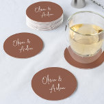 Rust | Modern Handwritten Script Wedding Round Paper Coaster<br><div class="desc">Designed to match our Modern Handwritten Script wedding invitations. A beautiful typography based design with a minimalist feel,  featuring your names in modern handwritten script on a terracotta rust background.</div>