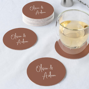 Rust Modern Handwritten Script Wedding Round Paper Coaster
