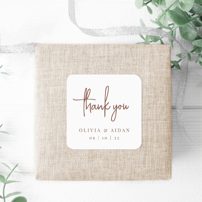 Rust | Modern Handwritten Script Wedding Thank You Square Sticker (Creator Uploaded)