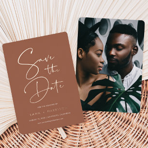 Rust   Modern Minimal Script Photo Save the Date Foil Invitation