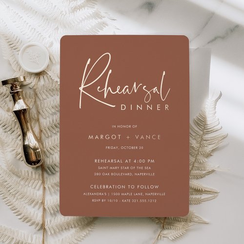 Rust  Modern Minimalist Script Rehearsal Dinner Foil Invitation