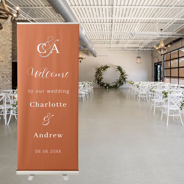 Rust modern simple monogram wedding welcome retractable banner (Creator Uploaded)