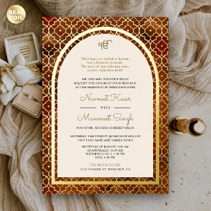 Rust Moroccan Pattern Sikh Arch Wedding Gold Foil Invitation