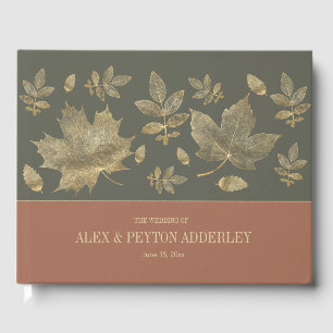 Rust Moss Green Gold Autumn Leaves Wedding Guest Book