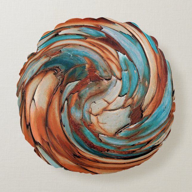 Rust N Blue Abstract Art Round Throw Pillow (Front)