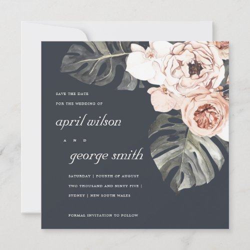 RUST NAVY MOSTRERA FLORAL SAVE THE DATE CARD