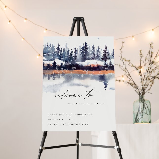 Rust Navy Winter Pine Forest Couple Shower Welcome Foam Board (In Situ (Stand))