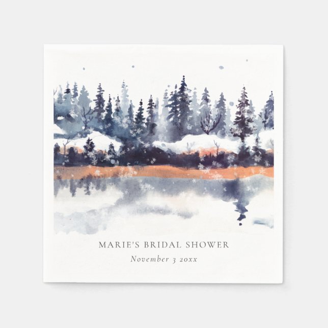 Rust Navy Winter Pine Forest Snow Bridal Shower Napkins (Front)