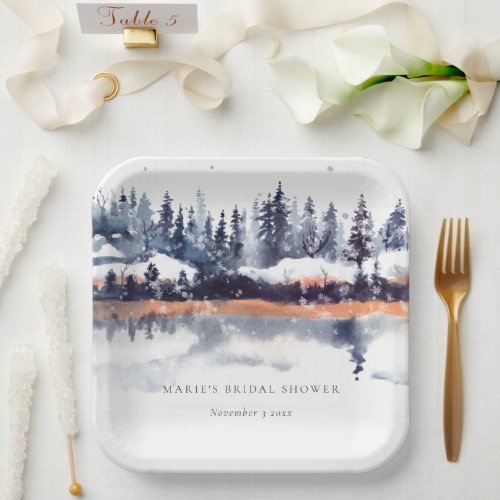 Rust Navy Winter Pine Forest Snow Bridal Shower Paper Plates