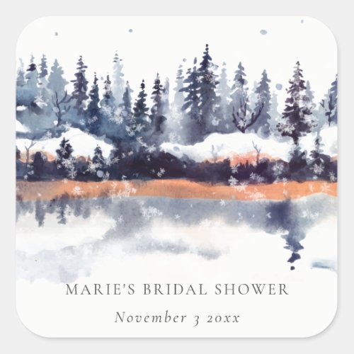 Rust Navy Winter Pine Forest Snow Bridal Shower Square Sticker