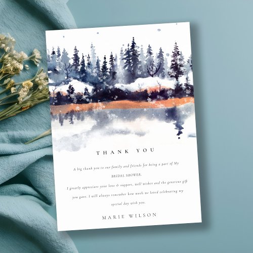 Rust Navy Winter Pine Forest Snow Bridal Shower Thank You Card