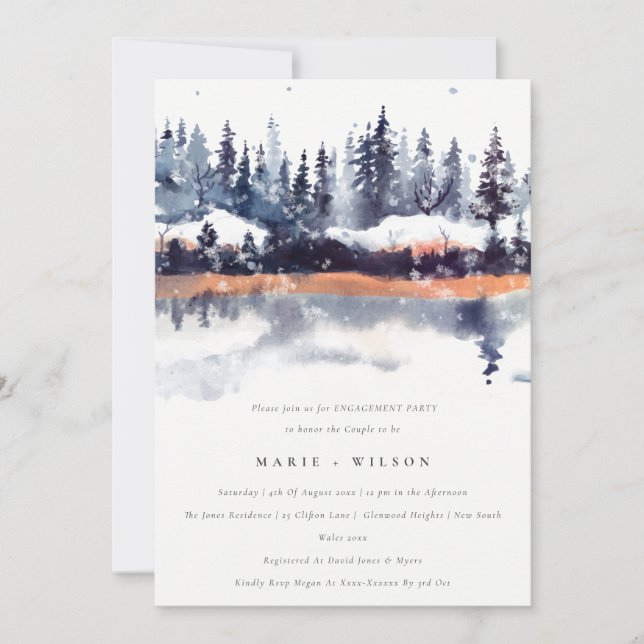 Rust Navy Winter Pine Forest Snow Engagement Invitation (Front)
