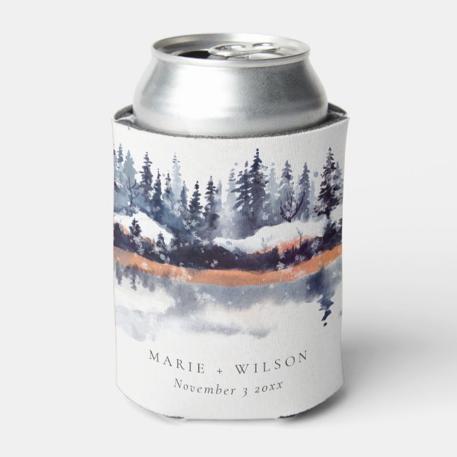 Rust Navy Winter Pine Forest Snow Wedding Can Cooler (Can Front)