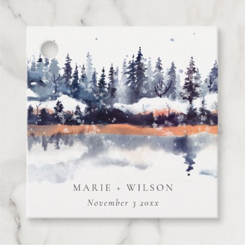 Rust Navy Winter Pine Forest Snow Wedding Favor Tags