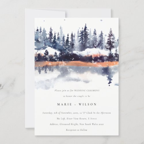 Rust Navy Winter Pine Forest Snow Wedding Invitation