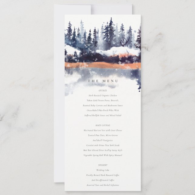 Rust Navy Winter Pine Forest Snow Wedding Menu Invitation (Front)