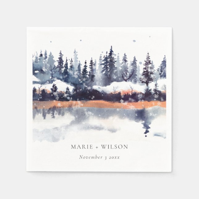 Rust Navy Winter Pine Forest Snow Wedding Napkins (Front)