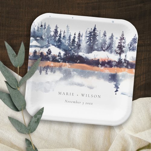 Rust Navy Winter Pine Forest Snow Wedding Paper Plates
