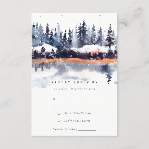 Rust Navy Winter Pine Forest Snow Wedding RSVP Enclosure Card