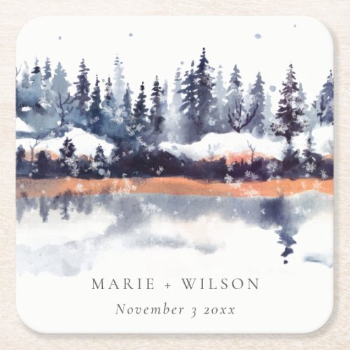 Rust Navy Winter Pine Forest Snow Wedding Square Paper Coaster