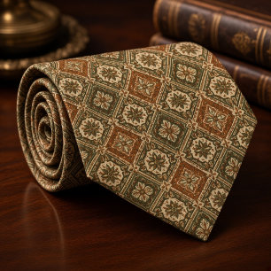 Rust Olive Moroccan Tile Medallion Neck Tie