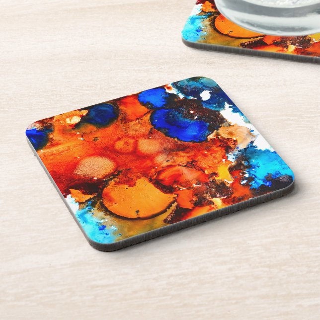 Rust orange abstract art ink beverage coaster (Left Side)