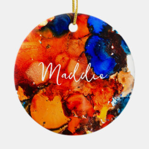 Rust orange abstract art ink ceramic ornament