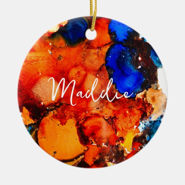 Rust orange abstract art ink ceramic ornament (Front)