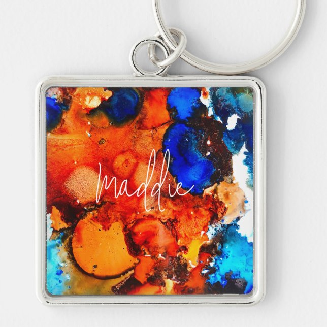 Rust orange abstract art ink keychain (Front)