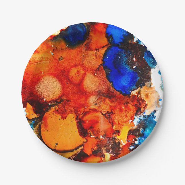 Rust orange abstract art ink paper plates (Front)