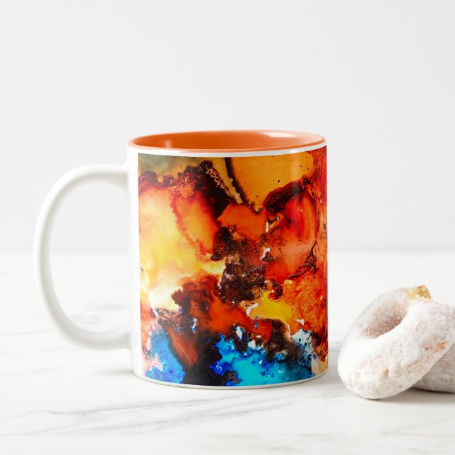 Rust orange abstract art ink Two-Tone coffee mug (With Donut)