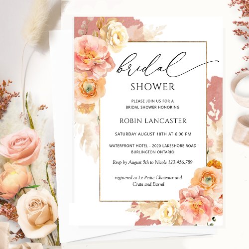 Rust Orange and Peach Floral Bridal Shower Brunch Invitation
