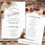 Rust Orange Autumn Floral Budget Wedding Program<br><div class="desc">These wedding programs are elegant and tasteful, while still being budget friendly. The design features a bevy of hand painted watercolor roses in shades of rust orange, burnt umber, and coral peach, surrounded by eucalyptus leaves and garden foliage. The typography features lacy script calligraphy, and there is room for details...</div>