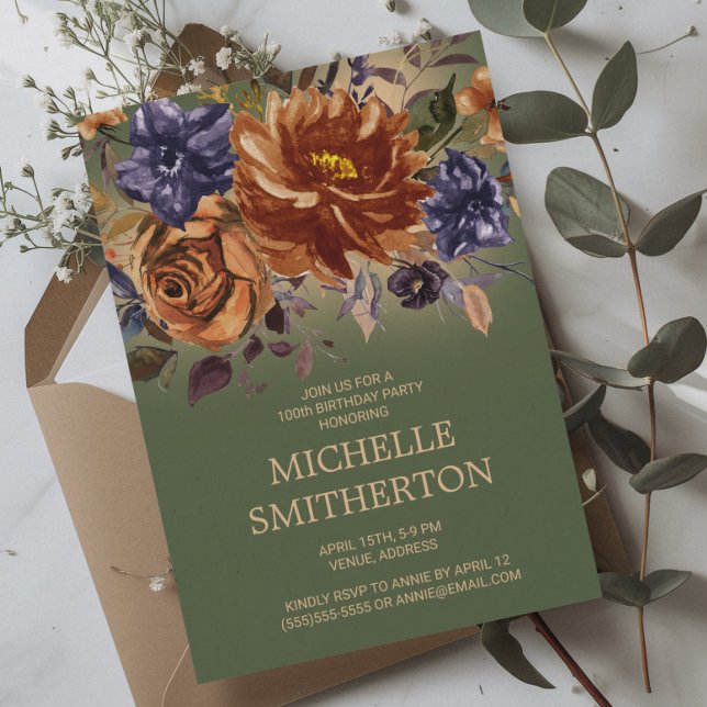 Rust Orange Blue Floral Green 100th Birthday   Invitation (Terracotta and navy blue flowers on green birthday invitation)