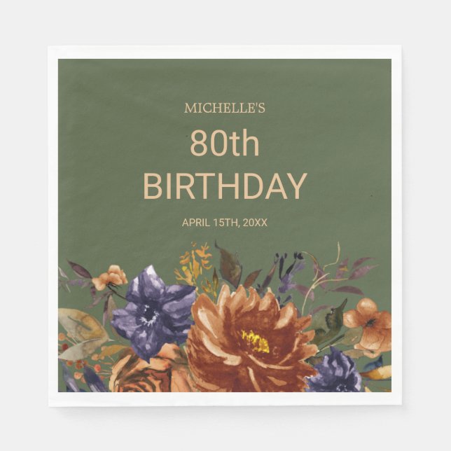 Rust Orange Blue Floral Green Birthday Napkins (Front)